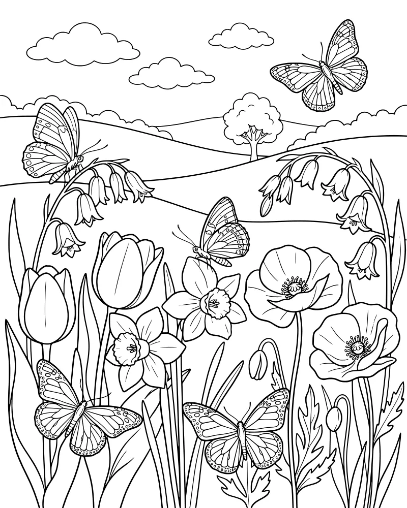 A cartoon meadow with tulips, daffodils, poppies, bluebells, a tree, rolling hills, and butterflies under a cloudy sky.