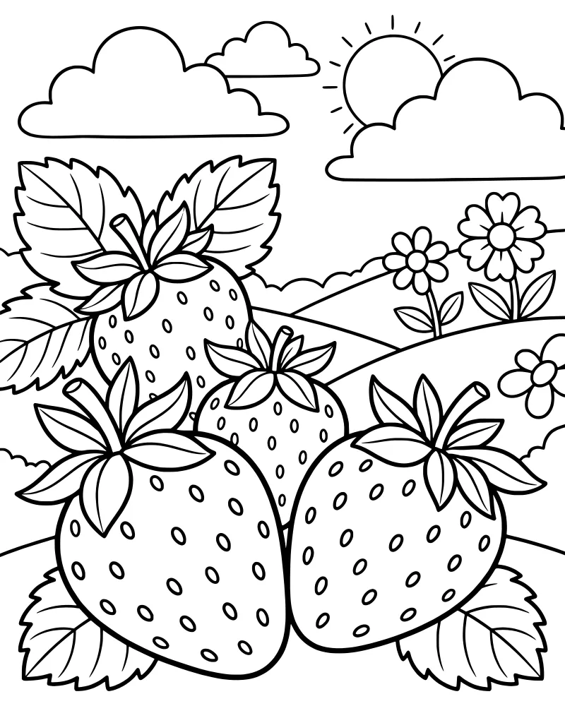 Cartoon illustration of three strawberries in a field with flowers, rolling hills, and a smiling sun in the sky.