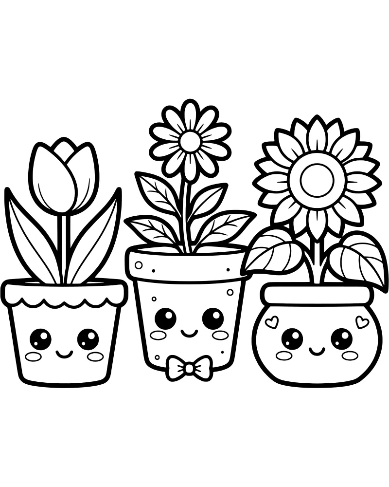 Three cute cartoon flowers with happy faces sitting in flower pots, featuring a tulip with a bow tie and a smiling sunflower.