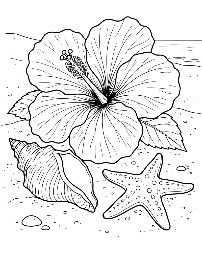 A large hibiscus flower, a spiral seashell, and a five-pointed starfish resting on a sandy beach with ocean waves and a horizon line in the background.