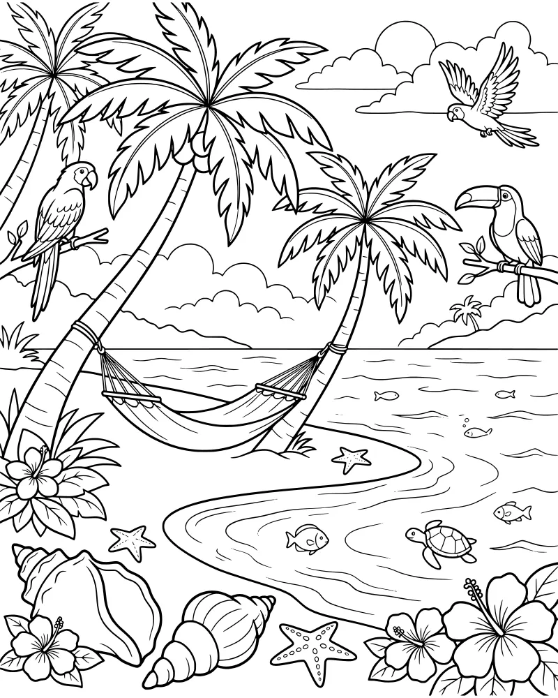 A cartoon tropical beach scene featuring a hammock between two palm trees, a parrot, a toucan, a sea turtle in the waves, and scattered seashells.