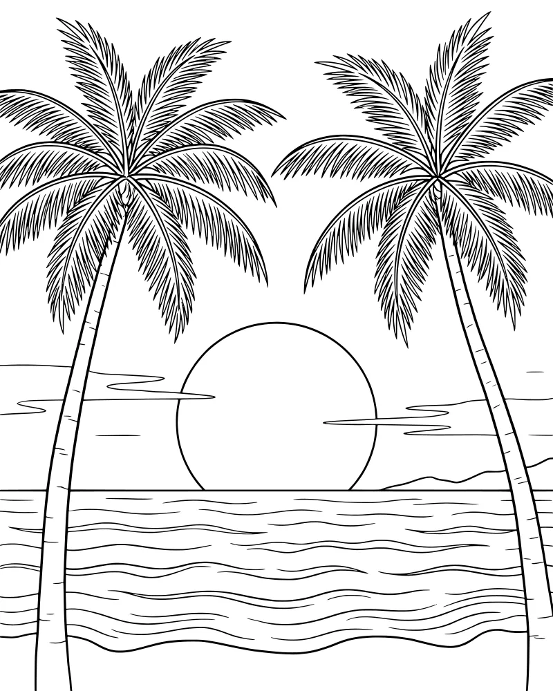 A cartoon drawing of two palm trees on a beach with a large sun setting over ocean waves and distant hills.
