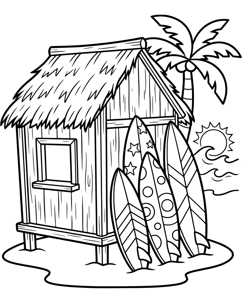 Cartoon tropical beach scene with a thatched-roof hut, two surfboards, a palm tree, and the sun setting over ocean waves.