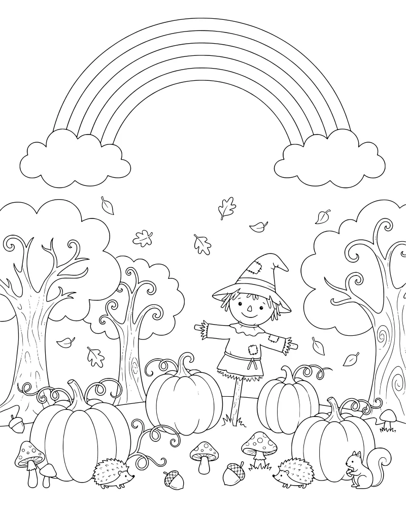 A cartoon scarecrow in a field of pumpkins and mushrooms with a squirrel, hedgehogs, and a rainbow in the background.