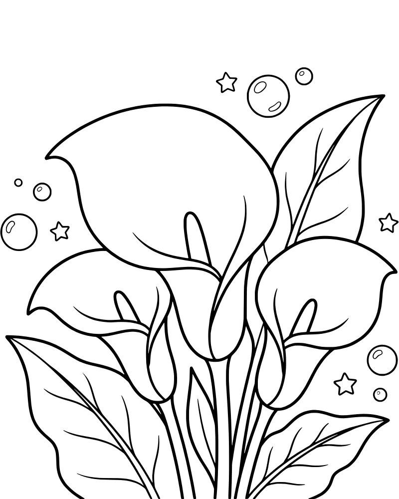 A cartoon illustration of calla lilies with large leaves, surrounded by floating bubbles and five-pointed stars.