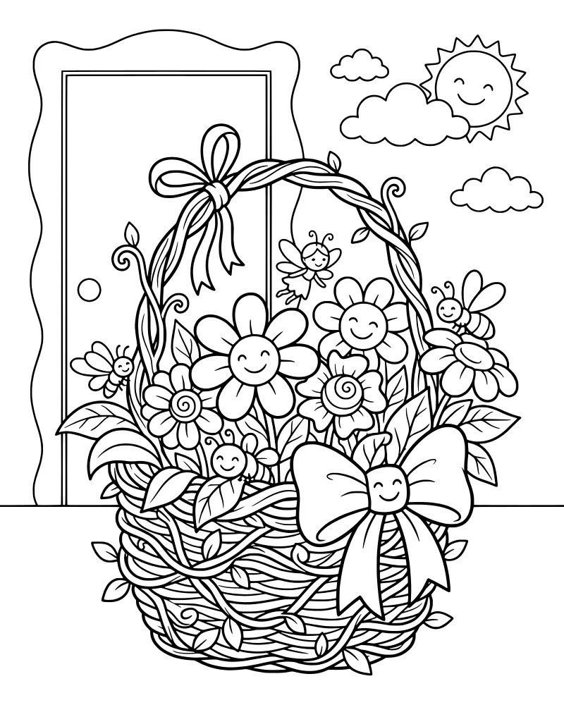 A cartoon flower basket with a large bow, surrounded by fairies, bees, and a sun in the background near a door frame.