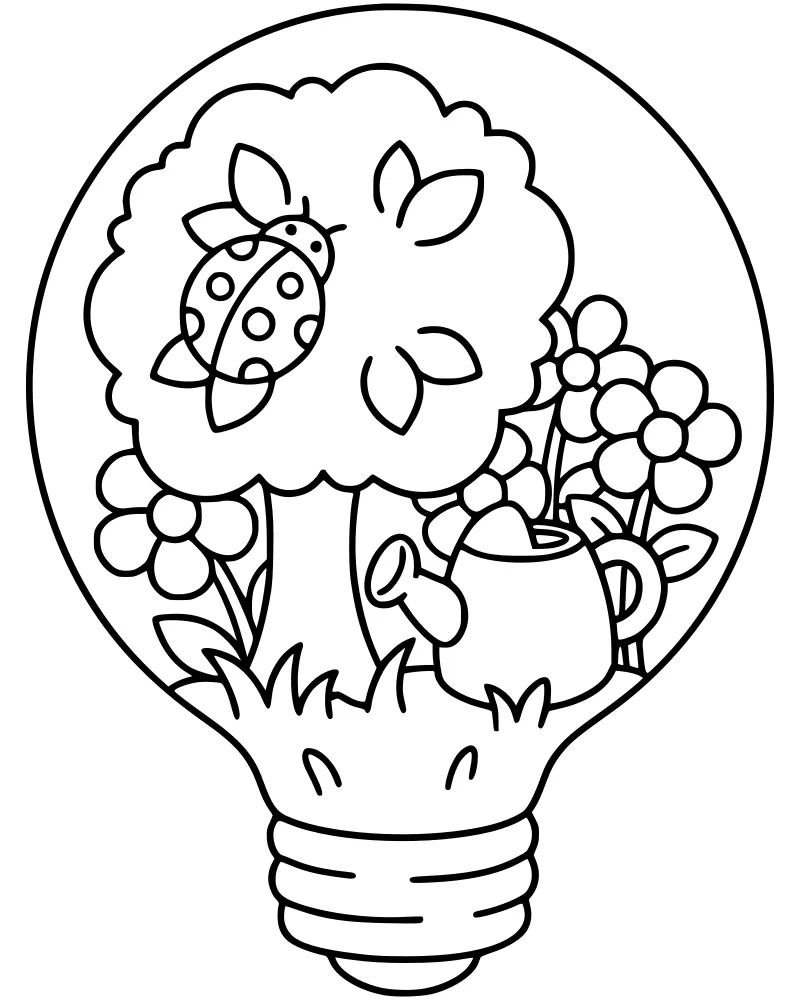 A cartoon-style miniature garden inside a glass light bulb featuring a tree, a ladybug on a leaf, flowers, and a watering can.