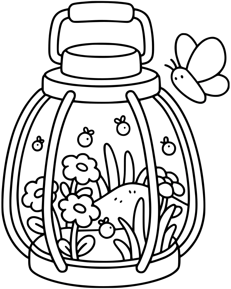 A whimsical cartoon lantern containing a miniature garden with flowers and fireflies while a butterfly flies nearby.