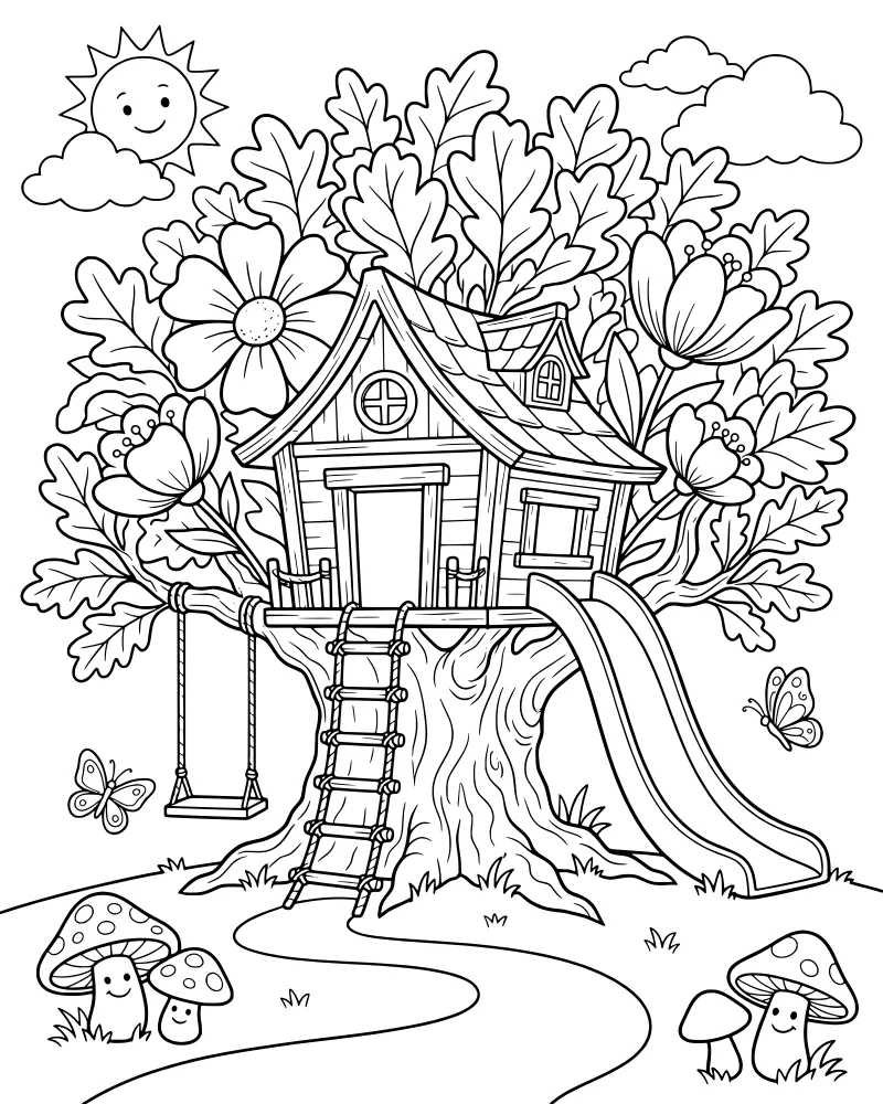 A cartoon treehouse in a large tree with a slide, swing, ladder, mushrooms, and a smiling sun in the sky.