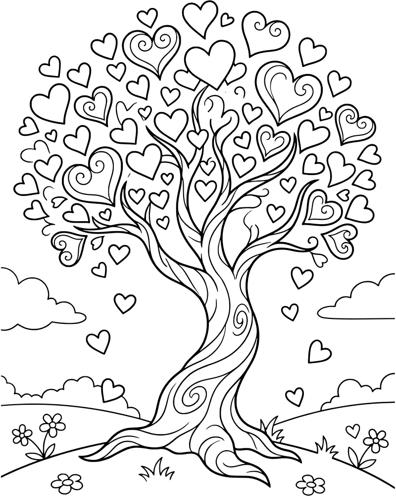 A cartoon tree with heart-shaped leaves and a swirling trunk in a landscape with hills and flowers.
