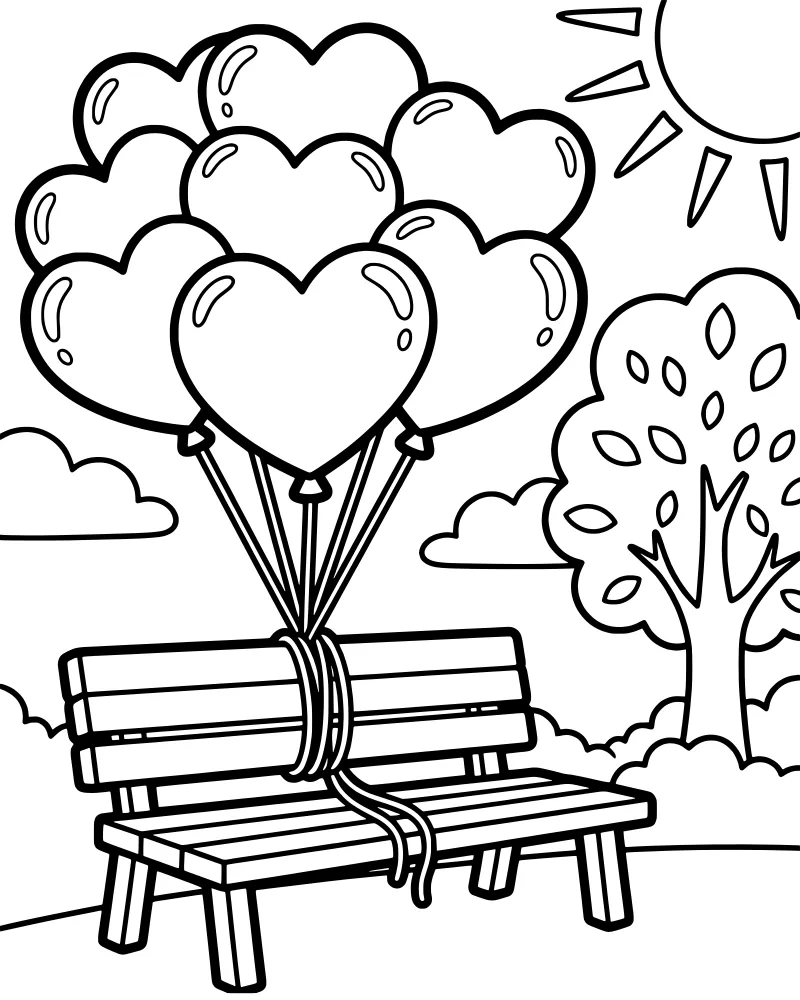 A cartoon park bench tied to a bunch of heart-shaped balloons floating near a tree under a sunny sky with clouds.