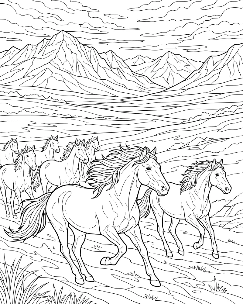 A herd of realistic horses galloping across a grassy plain with tall mountains and clouds in the background.