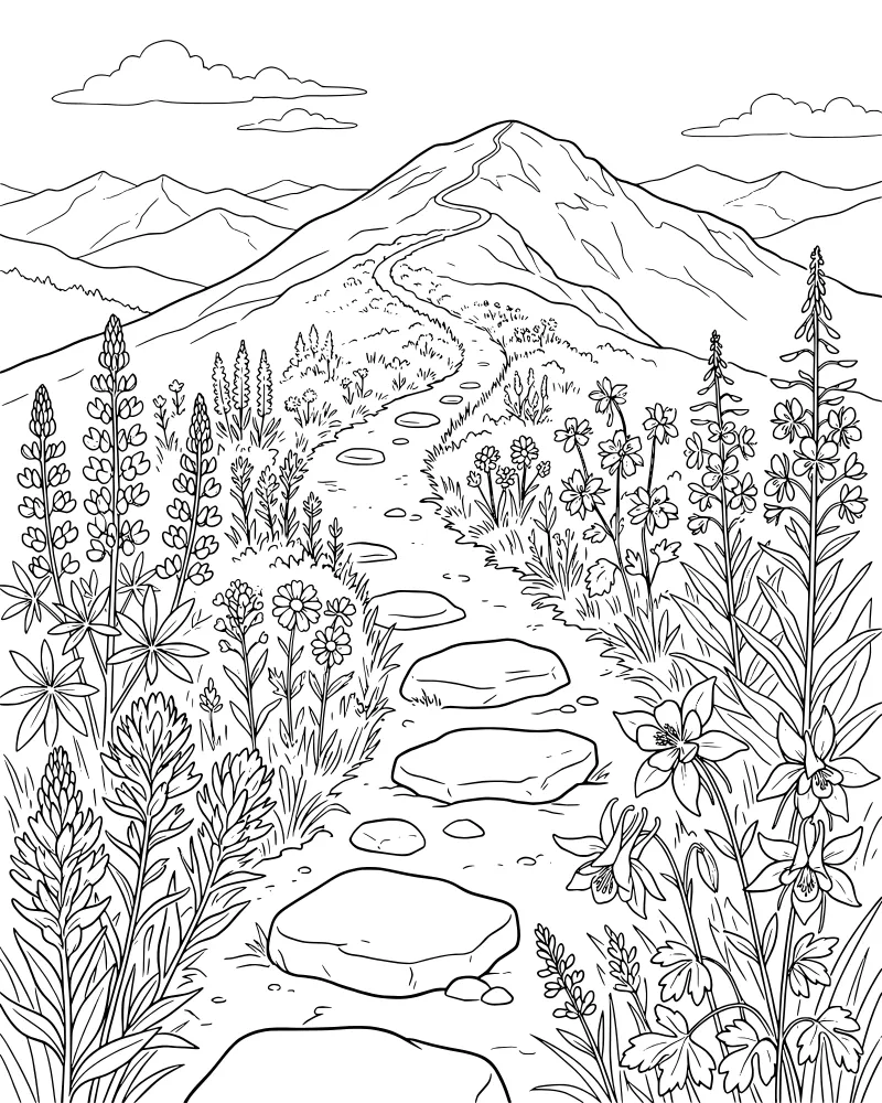 A line drawing of a stone path winding up a mountain hill surrounded by lupines and columbine wildflowers under a cloudy sky.