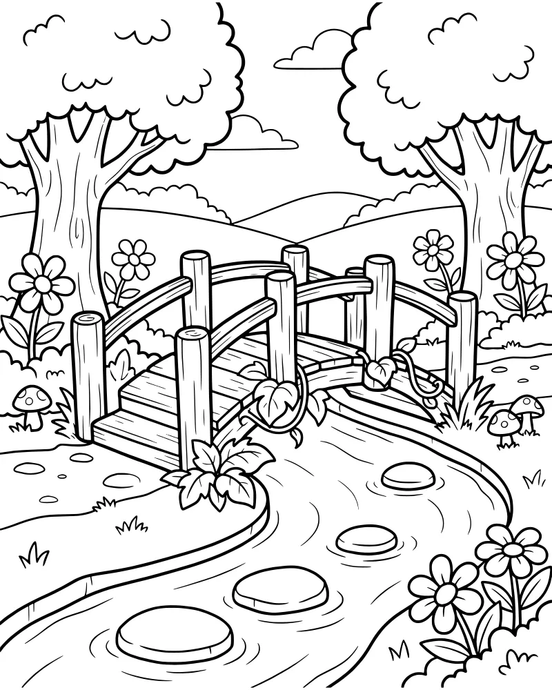 Cartoon illustration of a wooden bridge over a stream with trees, flowers, and stepping stones.