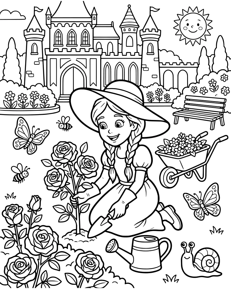 A cartoon girl in a sun hat and gloves uses a trowel to plant a rose bush in a garden with a wheelbarrow, bench, and a large castle in the background.