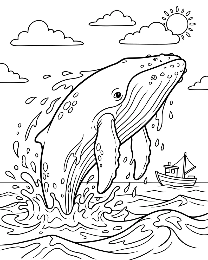 A cartoon humpback whale jumping out of the ocean waves with a sailboat and sun in the background.