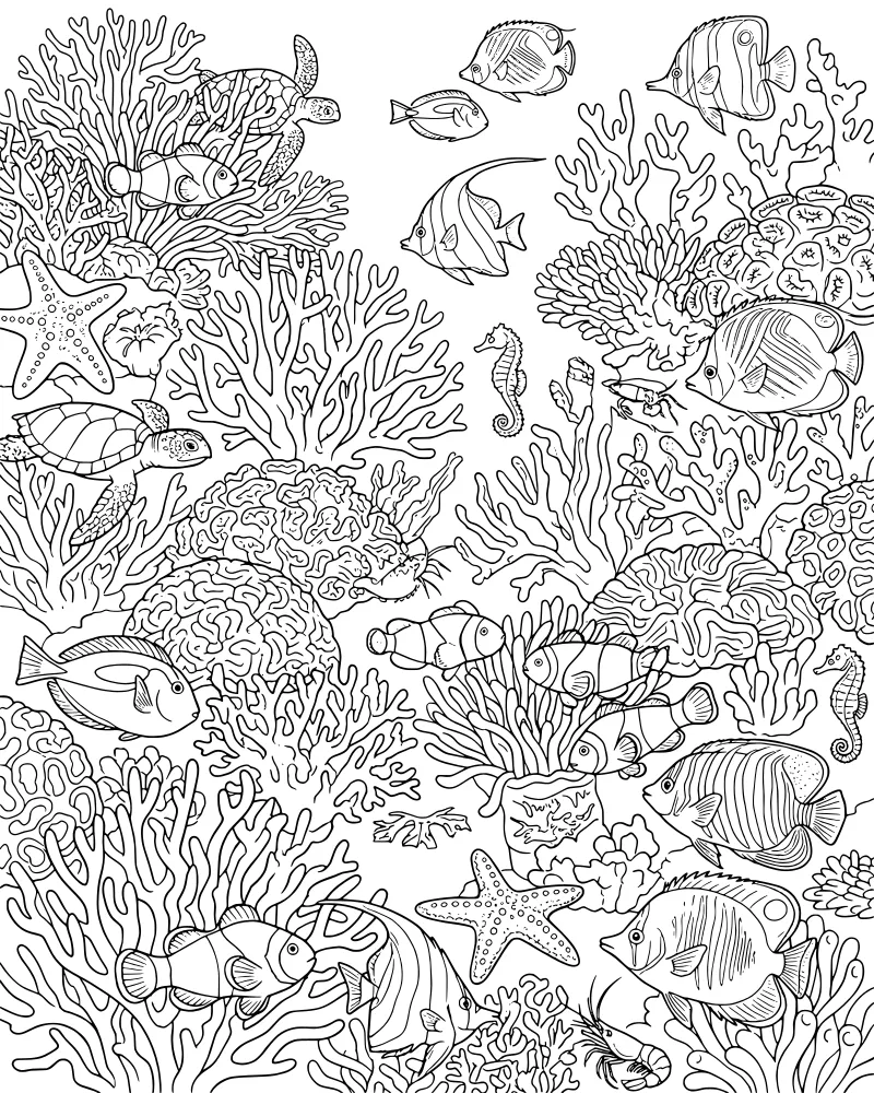 A cartoon-style underwater scene with a sea turtle, clownfish in an anemone, seahorses, and various types of coral.