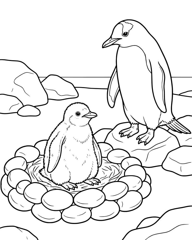 A cartoon adult penguin stands over a chick sitting in a nest of twigs and stones on a rocky coast near the water.