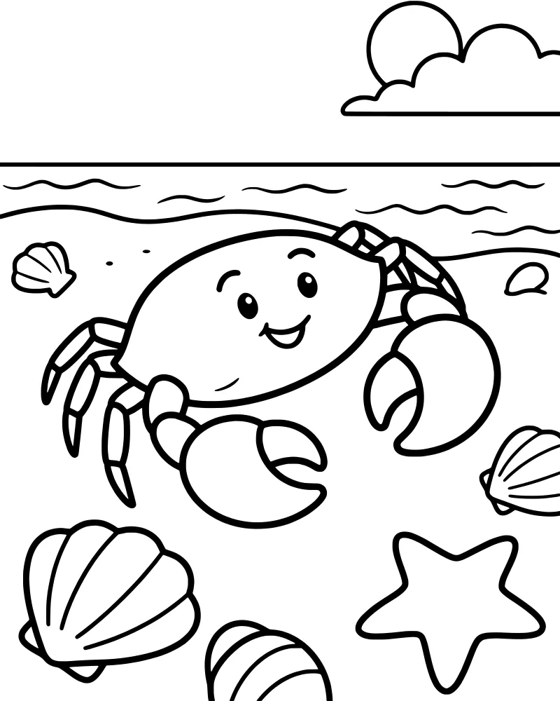 A cartoon crab with a big smile standing on a sandy beach surrounded by seashells and a starfish with ocean waves and a sun in the background.