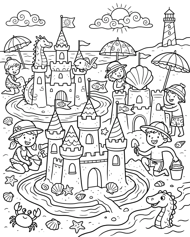 A detailed cartoon beach scene showing children building a large sandcastle with a dragon and fish on it, with a lighthouse and sun in the background.