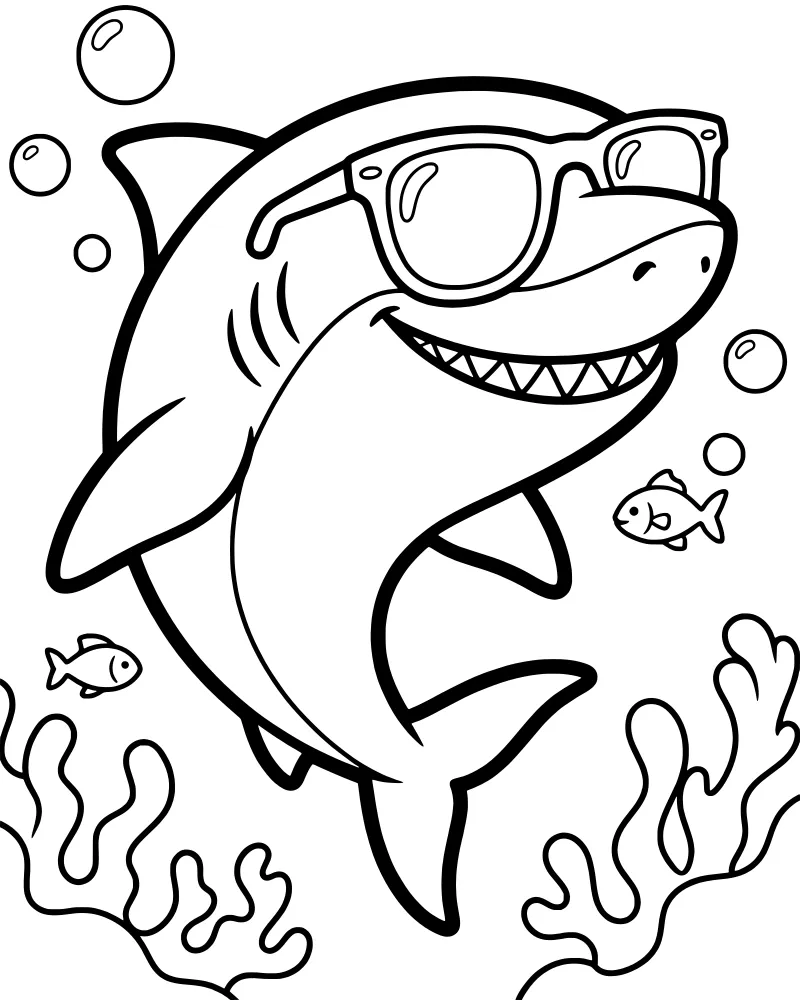 A cartoon shark wearing large sunglasses swims among bubbles, small fish, and seaweed in a cheerful underwater scene.