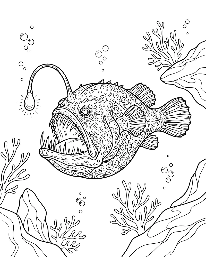 A cartoon anglerfish with its mouth open and a glowing lure, surrounded by coral, rocks, and bubbles in the deep sea.