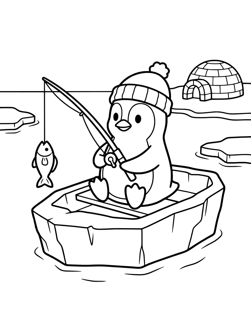 A cartoon penguin wearing a hat sits in a boat fishing in arctic waters with an iceberg and igloo in the background.