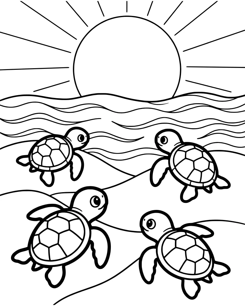 Four cartoon sea turtles swimming in the ocean with a large sun and rays in the background.