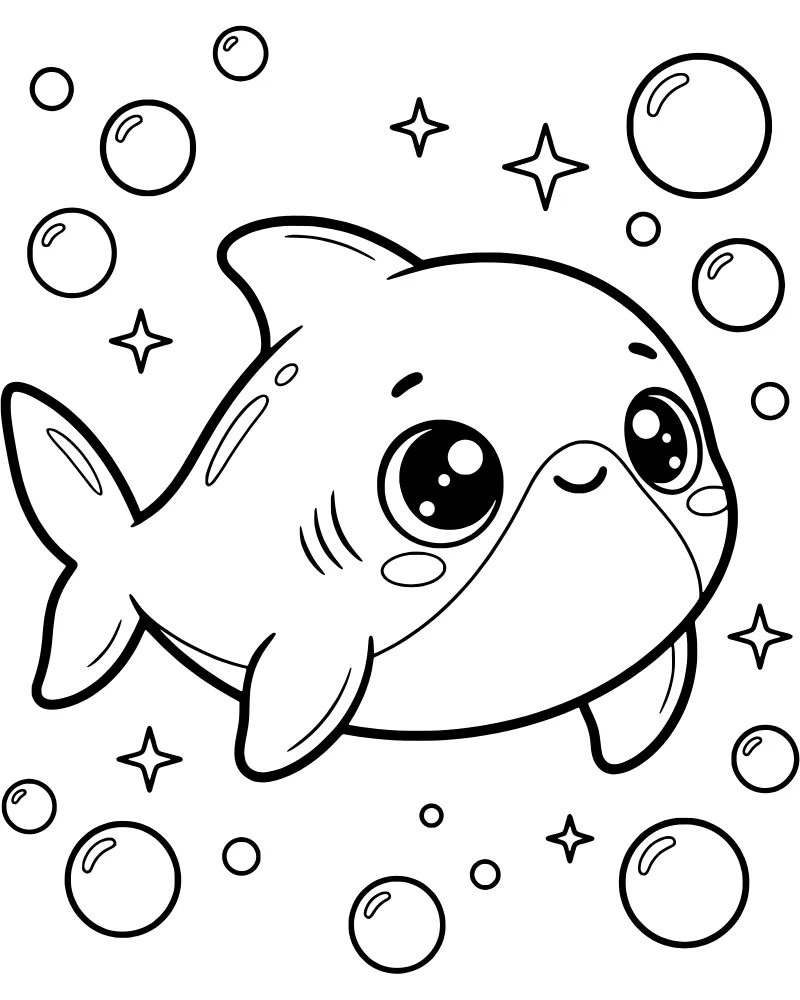A friendly cartoon shark with large eyes swimming among several floating bubbles and five-pointed stars.