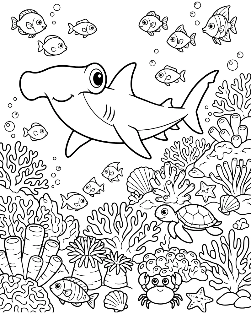 A cartoon hammerhead shark and sea turtle swimming over a coral reef with a crab, starfish, and sea anemone.