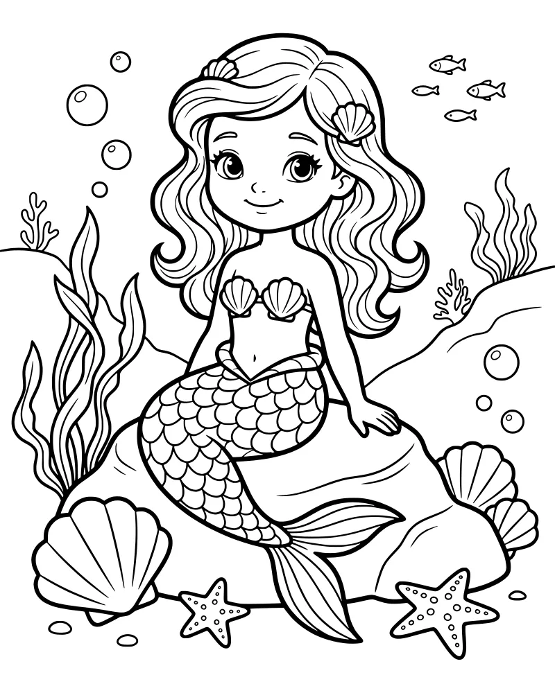 A cartoon mermaid with a seashell bra and long tail sits on a rock underwater surrounded by fish and seaweed.