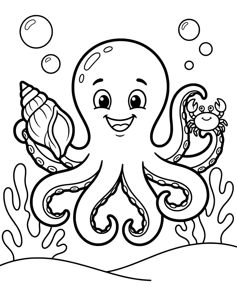 Cartoon octopus holding a seashell with a small crab nearby on the ocean floor with bubbles and seaweed.