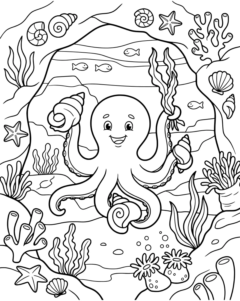 A cartoon octopus holding seashells on the ocean floor surrounded by coral, seaweed, and a starfish.