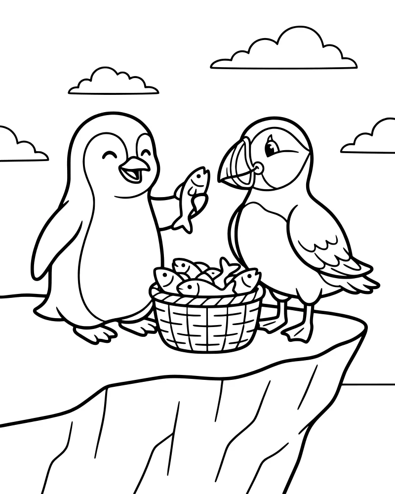 Cartoon penguin offering a fish to a puffin on a rocky cliff next to a basket of fish and the ocean.