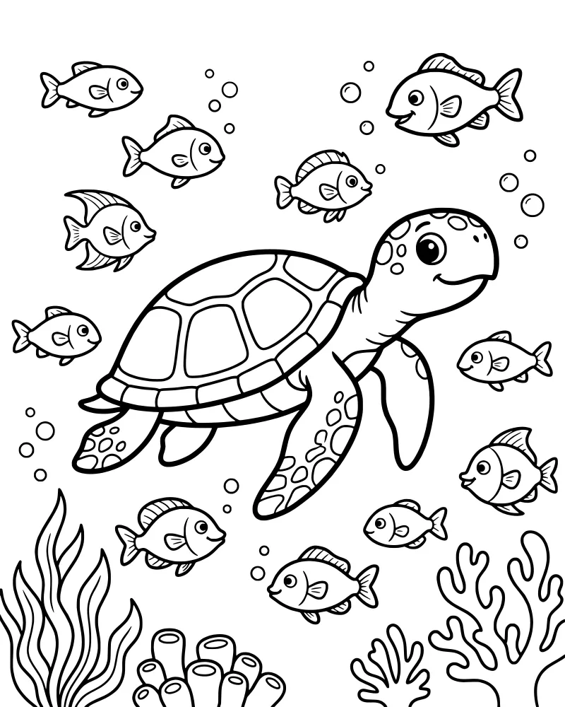 A cartoon sea turtle swims through the ocean with small fish, bubbles, seaweed, and coral in a playful scene.