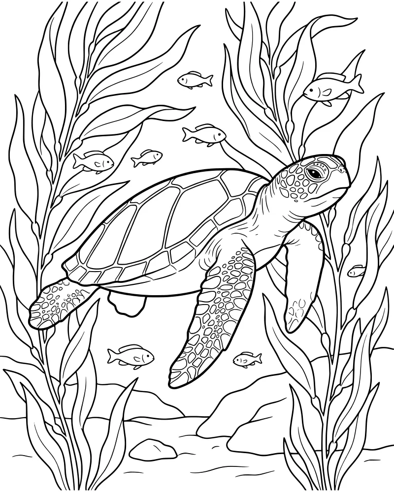 A cartoon sea turtle swimming through underwater seaweed with small fish and rocks on the ocean floor.