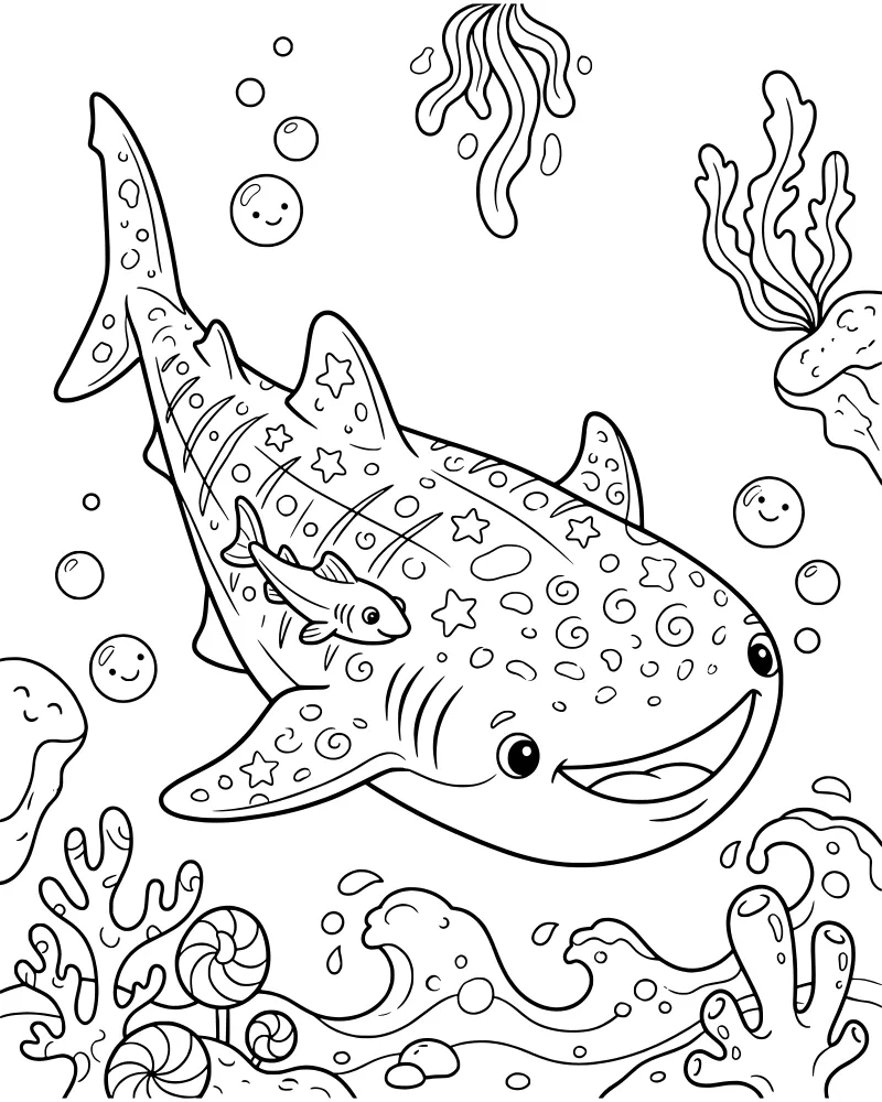 A cartoon whale shark with star patterns on its back swimming with a small fish and smiling bubbles in the ocean.
