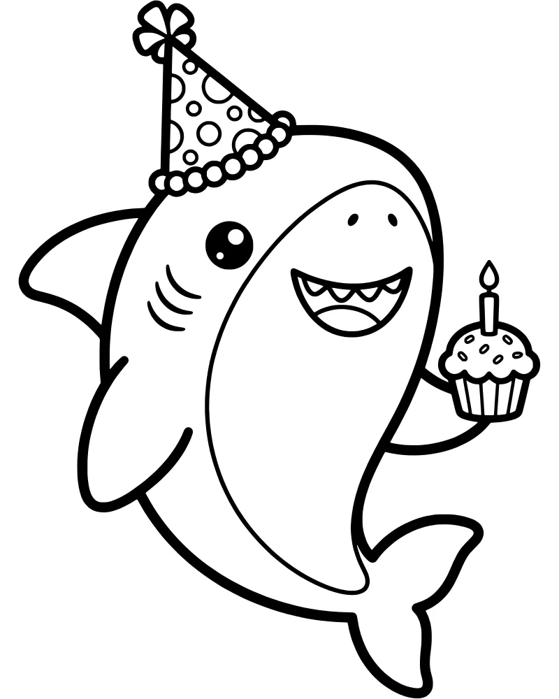 A cartoon shark wearing a decorated birthday hat and holding a cupcake with a single lit candle.