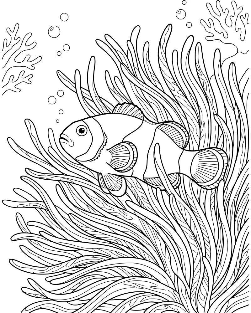 A cartoon clownfish swimming among the tentacles of a sea anemone with coral and bubbles in the background.