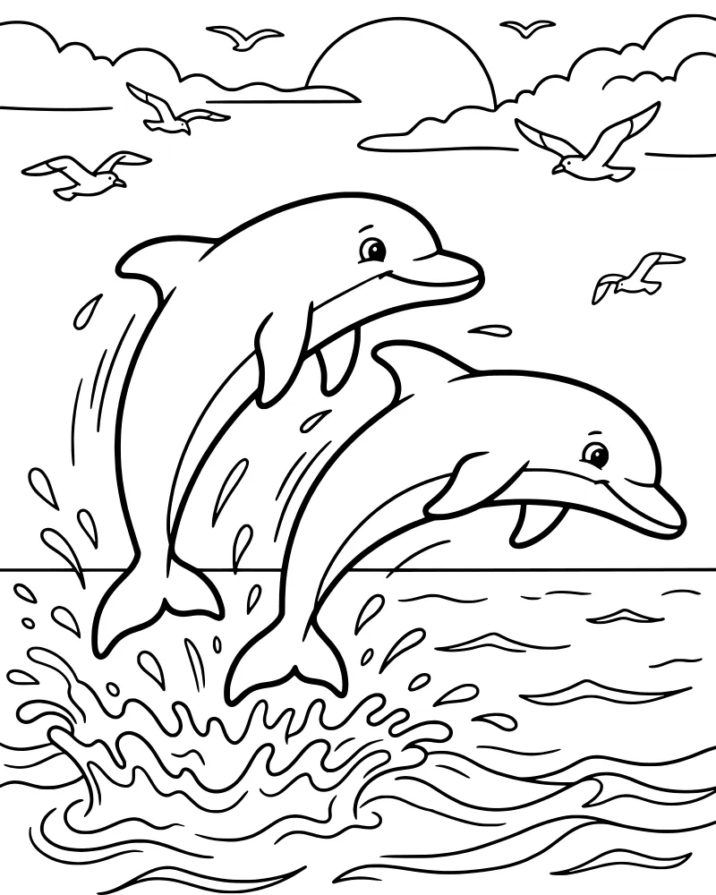 Two cartoon dolphins jumping out of ocean waves with seagulls flying near a sun and clouds.