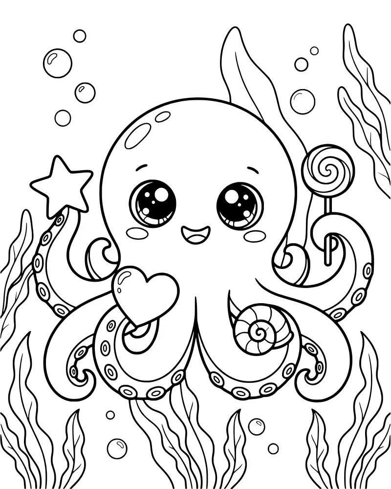 A cartoon octopus smiling underwater next to a lollipop, a star, a heart, and seaweed.