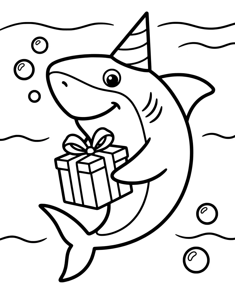 A cartoon shark wearing a polka dot party hat and holding a wrapped gift box with a bow while swimming among bubbles and waves.