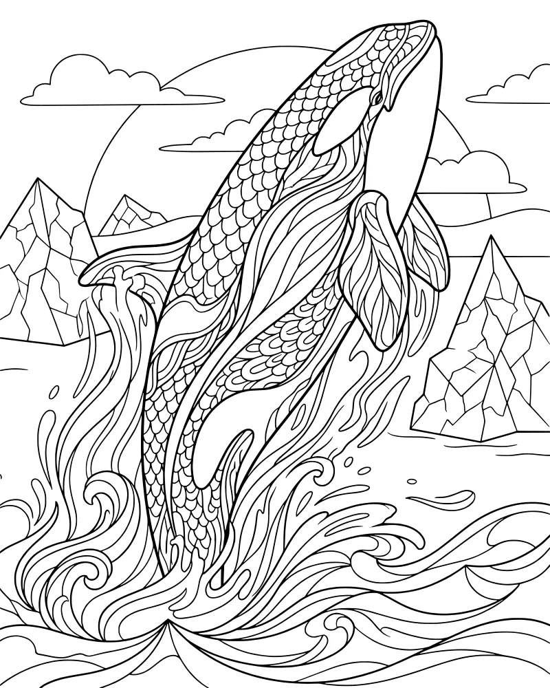 An ornate cartoon orca whale breaching out of ocean waves with mountains and a sun in the background.