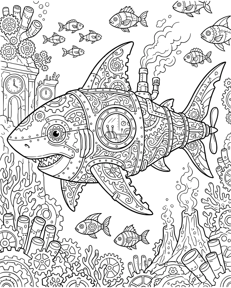 A detailed steampunk shark with gears and a propeller swimming near underwater clocks, pipes, and erupting volcanoes.