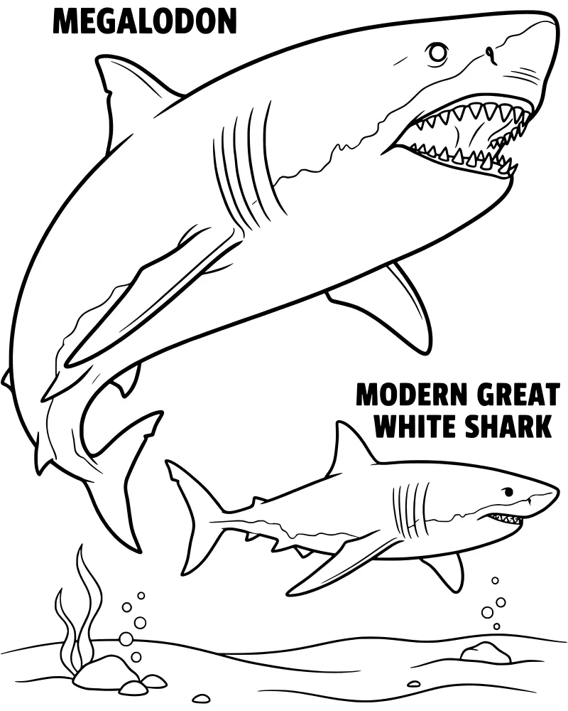 A large Megalodon shark and a smaller Great White shark swimming together over a rocky ocean floor with seaweed and bubbles.