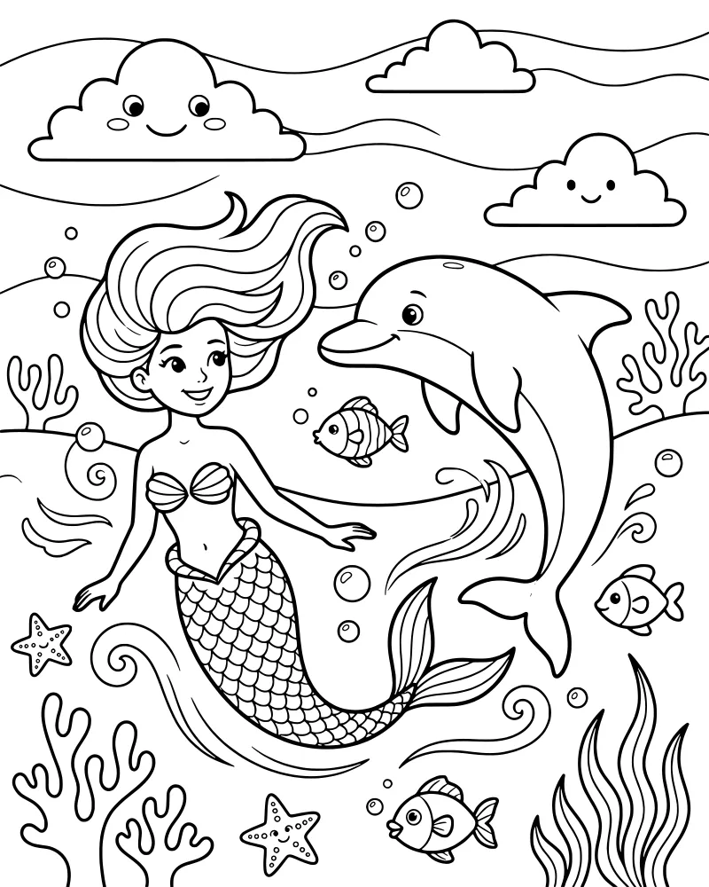 A cartoon mermaid and dolphin swimming together in a coral reef with fish, bubbles, and smiling clouds in the background.