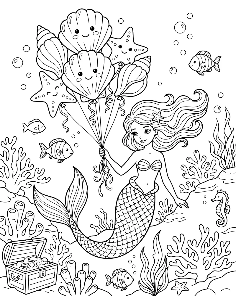 A cartoon mermaid holding a bouquet of seashell and starfish balloons next to an open treasure chest filled with gold coins on the ocean floor.