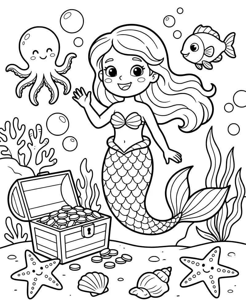 A cartoon mermaid swims near an open treasure chest with an octopus, fish, and starfish on the ocean floor.