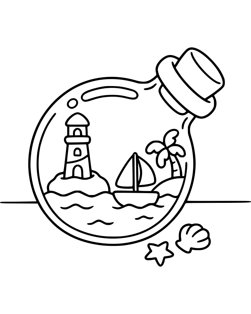 A cartoon lighthouse inside a glass bottle with a sailboat and palm tree, featuring a starfish and shell outside.
