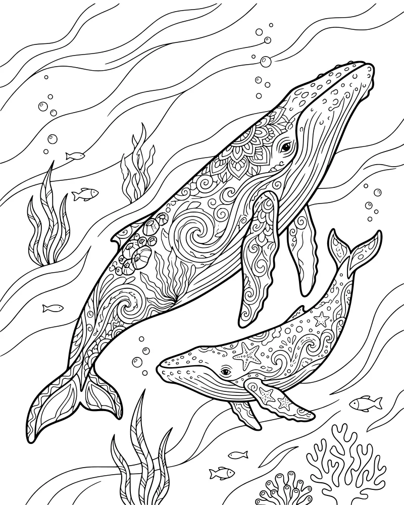 A large whale and a small baby whale swimming through an ornate underwater reef with coral, seaweed, and small fish.